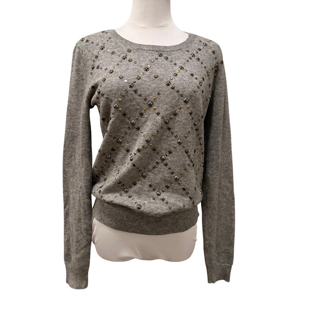 Halogen 100% Cashmere Gray Embellished Studded Sweater Small Chic Office Fall